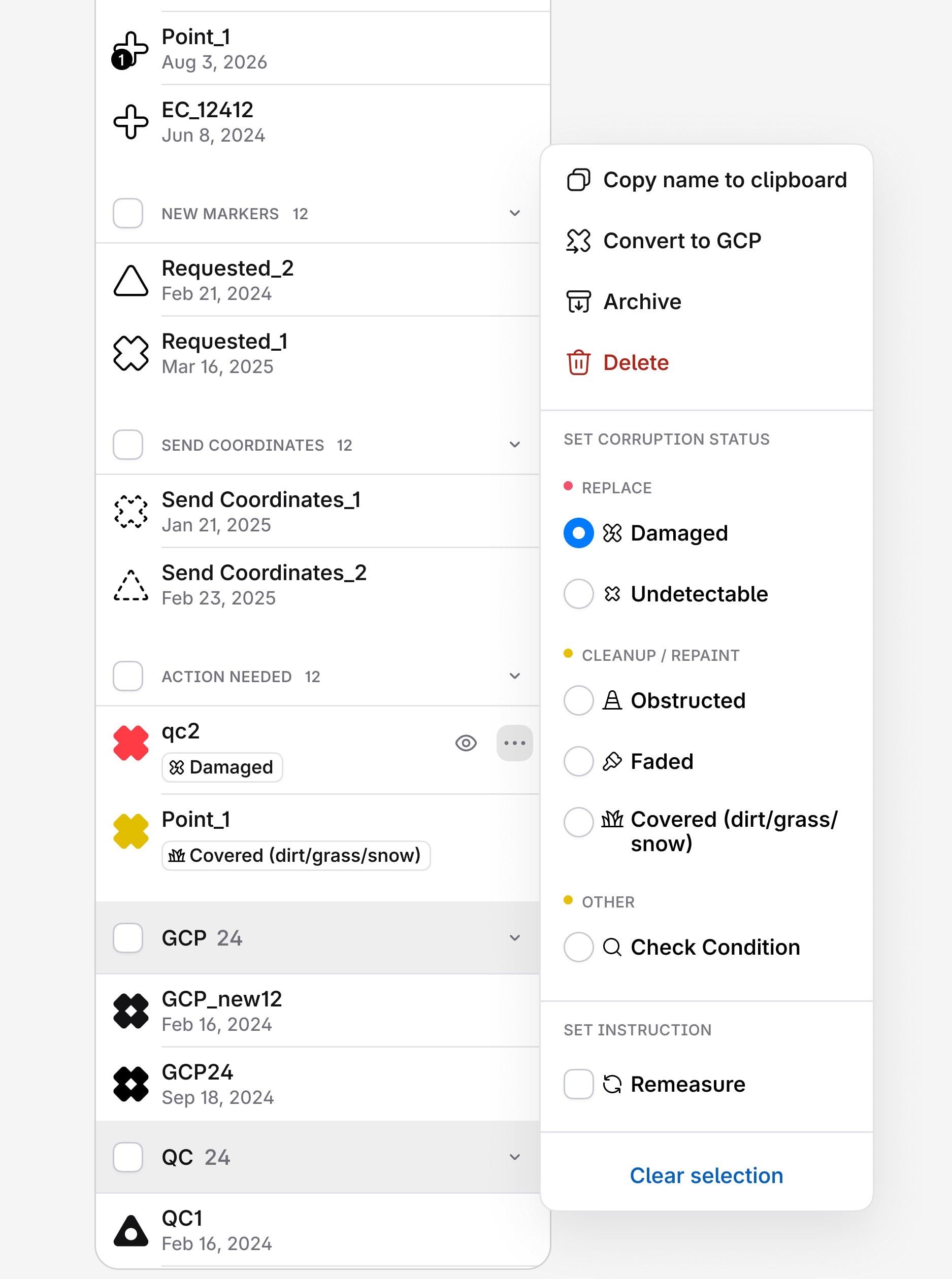 The corruption status menu open over the marker list: copy name, convert to GCP, archive and delete above, then set corruption status — replace (damaged, undetectable), cleanup or repaint (obstructed, faded, covered), check condition — and a remeasure instruction