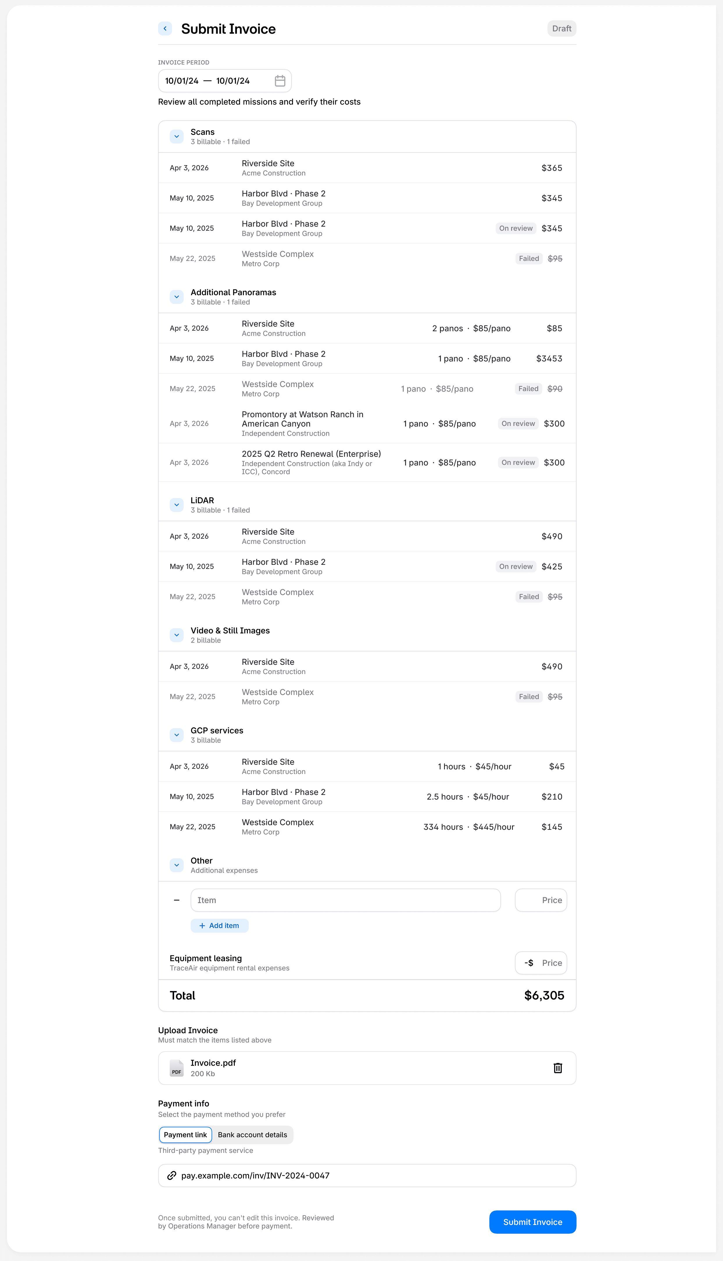 Submitting an invoice: completed work grouped into scans, additional panoramas and LiDAR, each row priced, with failed and on-review items flagged, down to the total and payment details
